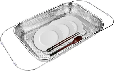 Produktbild von Sieb für über dem Spülbecken | Ausziehbarer Edelstahl-Spülkorb | Feines Netzsieb zum Waschen von Reis, Nudeln, Beeren und Lebensmitteln, Küche und Kochen