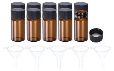 Glasfläschchen 20 ml, 10 Stück mit Trichter, amber/schwarz