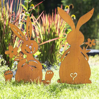 Produktbild von Bambelaa! Osterdeko Outdoor Gartendeko für Draußen Osterdekoration Ostern Deko Osterhasen Figuren Garten Gartenstecker Rost Hasen Roststecker Modern Schwarz Frühling XXL ca. 19x49 cm + 26x44,5 cm