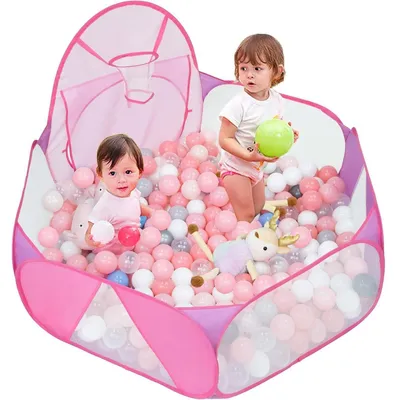 Immagine prodotto di Piscina di palline per bambini, tenda gioco pop-up con canestro da basket, 120 cm, rosa e lilla