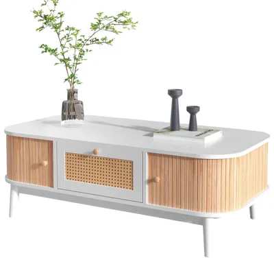 Produktbild von Couchtisch - Wohnzimmertisch mit Rattanschubladen und Schiebetüren - Rechteckig - Stauraum - Rollen - 110 x 55 x 38,5 cm - Weiß und Holzfarbe