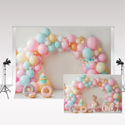 Obrázok produktu pre Fotografický pozadie 2,2 x 1,5 m - Téma donut - Farebný balónový oblúk - Dekorácia na oslavu - 1. narodeniny - Mikrovlákno - Fotografický pozadie