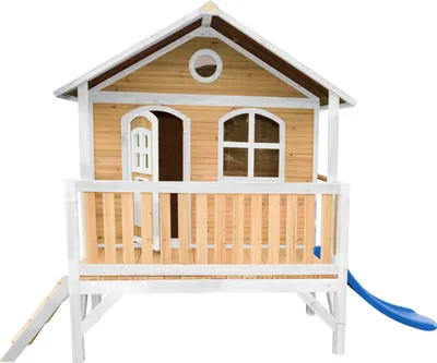 Produktbild von AXI Spielhaus Stef mit blauer Rutsche | Stelzenhaus in Braun & Weiß aus Holz für Kinder | Spielturm für den Garten