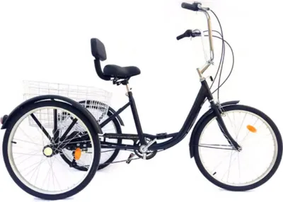 Produktbild von Dreirad Erwachsene 24" – 6-Gang Trike für Senioren – Mit Hinterkorb, Vorrem & Verstellbarem Lenker – Schwarz / Weiß / Gold / Gelb