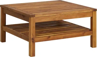 A square wooden coffee table with a lower shelf.