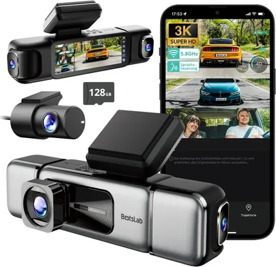 A collage of a dashcam system, including the main unit, a rear camera, an SD card, and a smartphone displaying the dashcam interface.