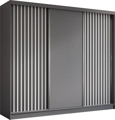 A 3-door sliding wardrobe with a gray finish and vertical silver slats on the two outer doors.