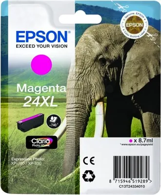 Obrázok produktu pre Epson Elephant Jednofarebný atrament Claria Photo HD 24XL slon Magenta, High (L) Yield, Purpurová, Atrament na pigmentovej báze, 8,7 ml, 1 kusov, Balenie po jednom kuse