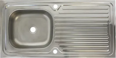 A top-down view of a stainless steel kitchen sink with one basin and a draining board.