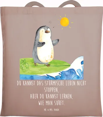Produktbild von Mr. & Mrs. Panda Einkaufstüte Pinguin Surfer - Braun Pastell - Geschenk, Motiviert, Laptoptasche, Urlaub, Hawaii, Tote Bag, Shopping Tasche, umhängebeutel, Portugal, Uni
