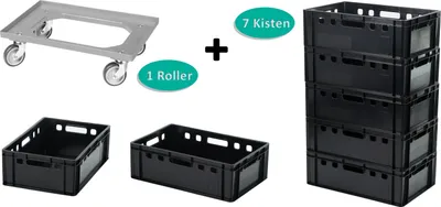 Produktbild von 7 Stück E2-Kasten schwarz + 1 Transportroller mit vier Lenkrollen in grau