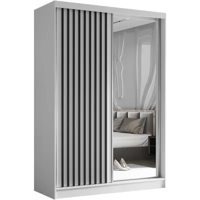 Produktbild von Schwebetürenschrank HELIX 150cm Weiß/Schwarz – 2-türig, Kleiderschrank mit Lamellen & Spiegel & Schiebetüren