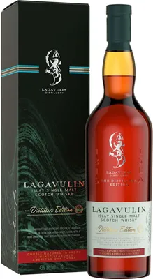 A bottle of Lagavulin Distillers Edition Scotch Whisky and its accompanying gift box are presented against a white background.