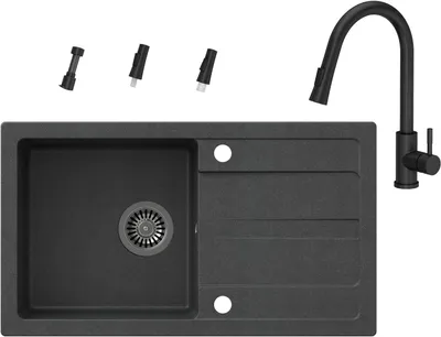 Produktbild von VBChome Spülbecken mit Armatur 77 x 44 cm Schwarz Einzelbecken Einbauspüle Abtroffläche Gesprenkelt Reversibel Granitspüle Siphon Spülmittelspender Armatur