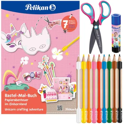 Produktbild von Pelikan Bastel Malbuch Set 4-teilig Einhorn Griffix Schere Buntstifte Klebestift