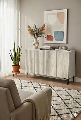 Produktbild von Skye Decor, Moderner Konsolentisch in Weiß und Travertin, 120 x 79 x 32 cm | 100% melaminbeschichtete Spanplatte, 18 mm dick | Wandmontierbar, zahlreiche Regale, elegantes Design.