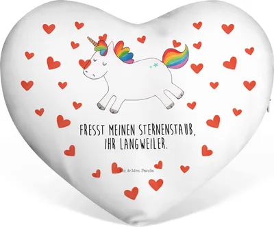 Produktbild von Mr. & Mrs. Panda Sofakissen Einhorn Happy - Weiß - Geschenk, Einhörner, Spaß, Dekokissen, Herzkissen, glücklich, Fröhlich, Unicorn, Liebeskissen, Kuschelkissen