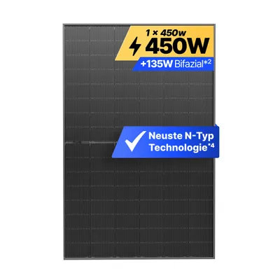 Produktbild von Solakon® Solarmodul 450W Bifazial Glas-Glas N-Type – Black Frame PV Modul 40V für Balkonkraftwerk (1 Stück)
