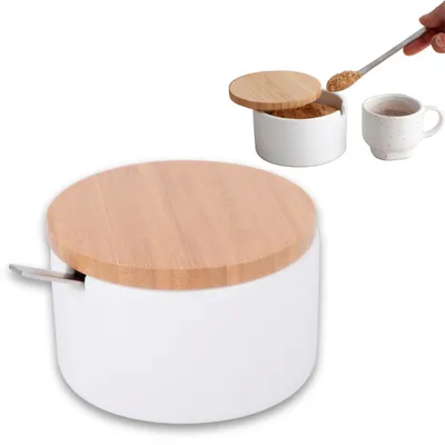 Productafbeelding van KOOK TIME Suikerpot met lepel en bamboe deksel, keramiek, rond, wit