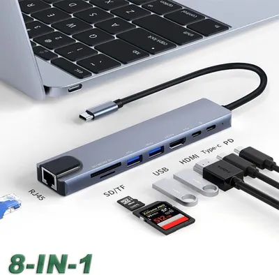 Produktbild von 8 in 1 Typ-C Hub zu USB 3.0 USB-C HDMI LAN RJ45 SD TF Adapter für Macbook Laptop