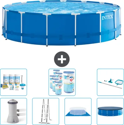 Produktbild von Intex Rundrahmen-Schwimmbecken – 457 x 122 cm – Blau – inklusive Pumpe – Leiter – Bodenplane – Abdeckung Wartungspaket - Filter - Reinigungskit