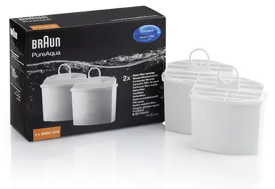 A product box and two water filter cartridges.