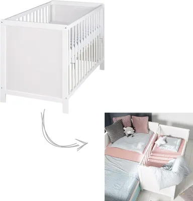 Produktbild von 2 in 1 Babybett 60 x 120 cm - Gitterbett & Beistellbett 6-fach Höhenverstellbar - 5 Schlupfsprossen - Holz weiß
