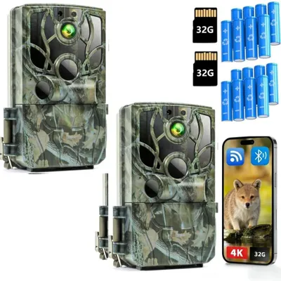 Obrázek produktu pro 4K kamera pro sledování zvěře s aplikací pro přenos na mobil, Wi-Fi, snímáním pohybu, nočním viděním, vodotěsná, spouštění po 0,5 s, včetně 32GB SD karty a 8 AA baterií, 2 ks