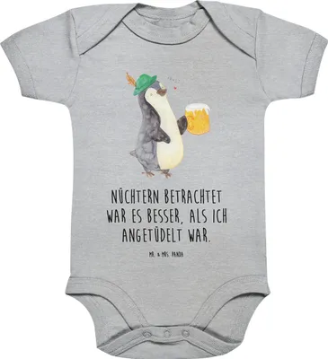 Produktbild von Mr. & Mrs. Panda Strampler Baby Pinguin Bier 3. - 6. Monat - Heather Grey - Geschenk, Angetüdelt, , Babybody, Einteiler, babykleidung body, kurzarm, overall