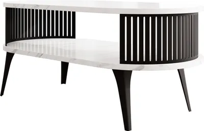 Produktbild von MIRJAN24 Couchtisch Roenni Oval, Wohnzimmer Kaffeetisch, Beine und Seiten aus Stahl (Farbe: Schwarz / Bianco Marmor)