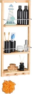 Immagine prodotto di Mensole da bagno sospese - 3 ripiani - 3 ganci - Bambù - 70 x 28,5 x 10 cm - Da appendere - Portaoggetti da bagno - Naturale