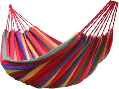 Produktbild von Hängematte aus gewebtem Segeltuch für den Außenbereich, tragbare Reisetasche, Garten, Camping, 190 x 150 cm (Bindeseil + Aufbewahrungstasche), 1 Stück, rot gestreift