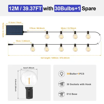 Immagine prodotto di Catena luminosa solare per esterni, con lampadine G40, lunghezza 12 metri, 31 luci, telecomando, dimmerabile, grado di protezione IP65 (resistente all'acqua), 8 modalità di illuminazione