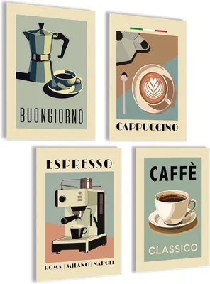 Productafbeelding van Famanu Koffieposter-set – Esthetische koffiefoto's voor wanddecoratie in de keuken – Vintage stijl