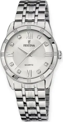 A product shot of a silver Festina women's watch with a white dial and Roman numerals.