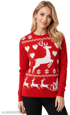 Produktbild von Winterpullover für Damen - Rentiere Winter Strick Pullover Sweatshirt Ugly Sweater Rot M, KI-generiertes Bild