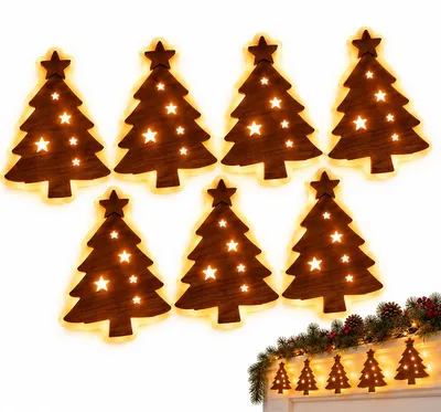 Produktbild von LED Weihnachtsdeko Weihnachtsbaum, 7-teiliges 3D Holz Weihnachtsbaum Wanddeko Set, warmweiß beleuchtet, selbstklebend, Weihnachtsbeleuchtung