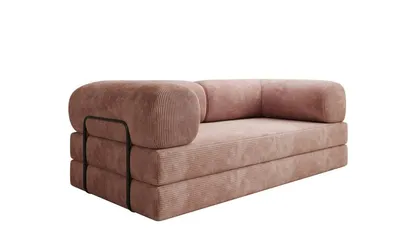A rose-colored, 3-seater sofa with a bed function is shown against a white background.