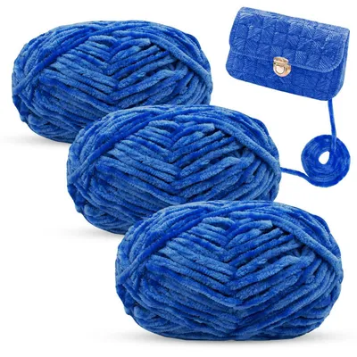 Obrázok produktu pre Chenilleová priadza na háčkovanie a pletenie, saténová priadza, 3 x 100 g, kráľovská modrá, hrúbka 6 mm