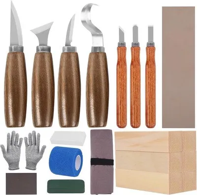 Produktbild von Holzschneidset, Holzschneidwerkzeugset, enthält Holzschneidmesser, Präzisionsmesser, Messenhalter und Handschuhe, geeignet für Anfänger, Erwachsene und Kinder. Mit dem Holzschneidwerkzeug können Löffel und Schalen hergestellt werden (20-teilig).
