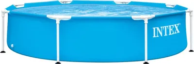 A blue Intex swimming pool with a metal frame, filled with water.