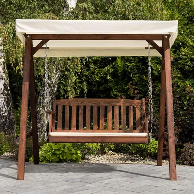 Produktbild von di volio Hollywoodschaukel MOLIA – robuste Gartenschaukel aus Lärchenholz mit Sonnendach und Polstern, wetterfeste Schaukelbank (Creme)