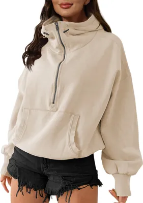 Produktbild von ASKSA Damen Kapuzenpullover Langarm Casual Einfarbig Hoodie Pullover Sweatshirt Oberteil mit Reissverschluss, Aprikose, XL