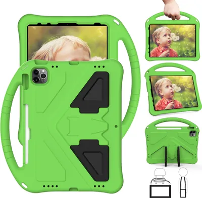 Immagine prodotto di Custodia per bambini per iPad (2025) 11"/iPad (2022) 10,9", iPad A16, custodia leggera antiurto in EVA con supporto pieghevole e maniglia verde