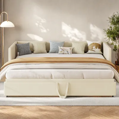 Produktbild von UnboxG Schlafsofa 90x200/180x200cm mit ausziehbarem Bett, Sofabett Tagesbett Kinderbett Jugendbett mit Lattenrost, Daybett Samt, Beige