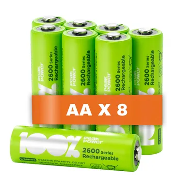Produktbild von 100% PeakPower Akku AA, 8 Stück Batterien AA wiederaufladbar, min. 2300mAh, NiMH Technologie ohne Memory-Effekt, 1,2 Volt (1,2V), geringe Selbstentladung, Ready-to-Use