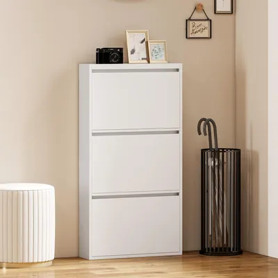 Produktbild von SUGIFT Schuhschrank Metall 3 Klappschubladen wandmontiert, Schuhkommode schlank weiß | 55 x 15 x 105,5 cm | 6 Paar | nur 15 cm tief