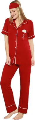 Produktbild von Damen Pyjama Set Kurzarm Schlafanzug Nachtwäsche 2-Teiler Rot,Baumwolle 6430