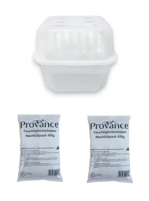 A product image featuring a dehumidifier box with two refill packs.