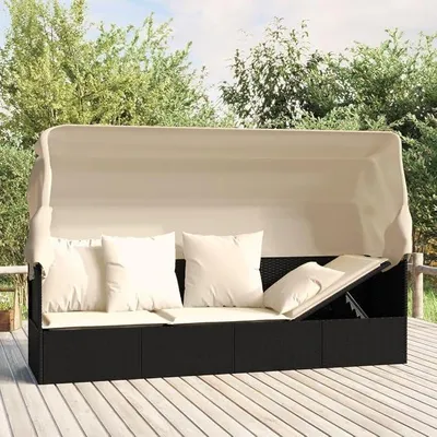 Produktbild von Gartensofa mit Liegefunktion Gartensofa mit Sonnendach Loungebett Outdoor Rattan Sofa 3 Sitzer BalkonSofa Gartenbett-Schwarz und Creme